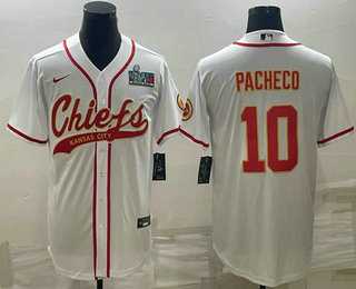 Mens Kansas City Chiefs #10 Isiah Pacheco White With Super Bowl LVII Patch Cool Base Stitched Baseball Jersey
